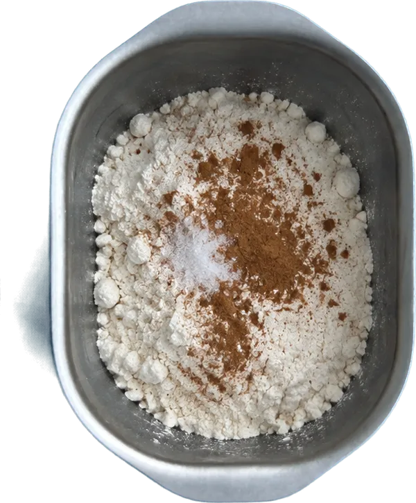 Nel sesto contenitore mettete 10 g di farina di frumento 00, 4 cucchiai Liffo di sale fino e 0.5 cucchiaini di cannella in polvere.