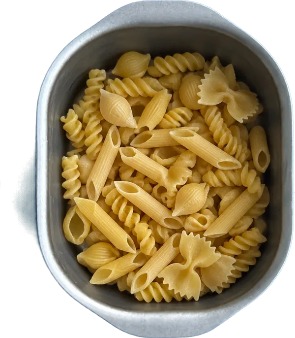 Nel sesto contenitore mettete 130 g di pasta mista.