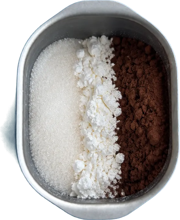 Nel primo contenitore mettete 135 g di zucchero bianco, 40 g di amido di mais e 30 g di cacao amaro.