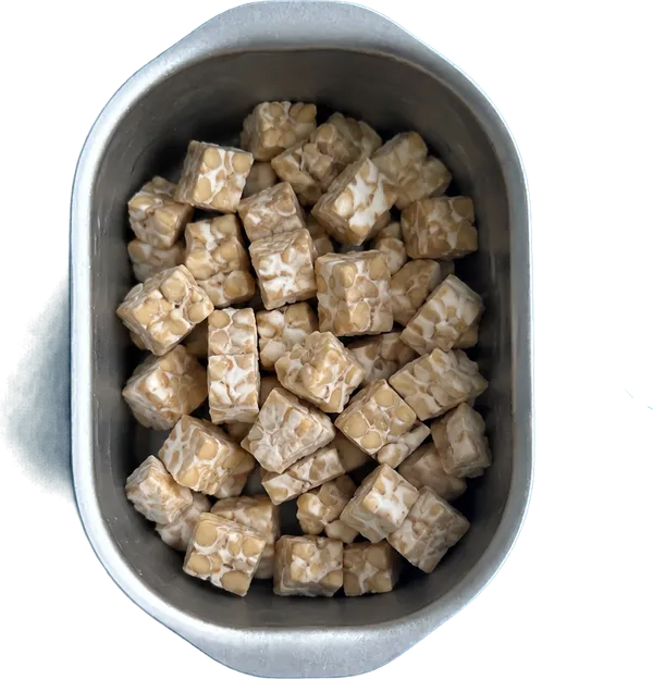 Nel secondo contenitore mettete 150 g di tempeh di soia a dadini piccoli.