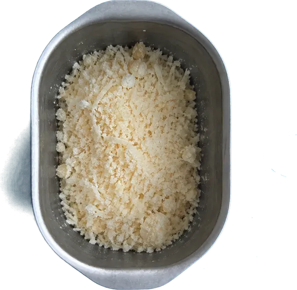 Nel sesto contenitore mettete 30 g di parmigiano reggiano grattugiato.
