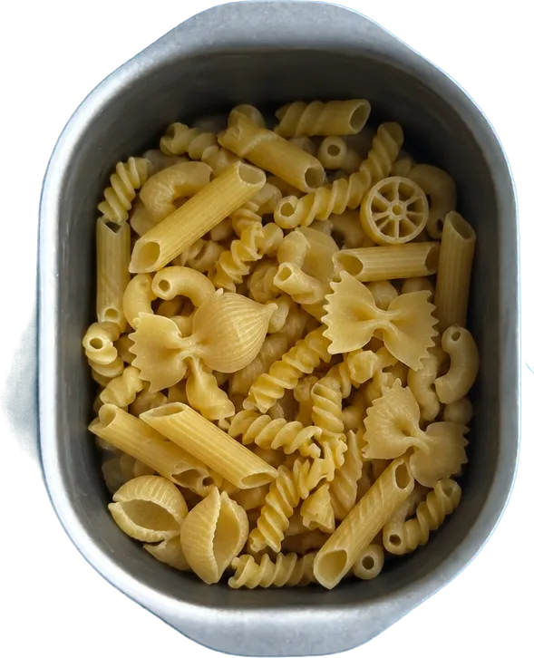 Nel quinto contenitore mettete 140 g di pasta mista.