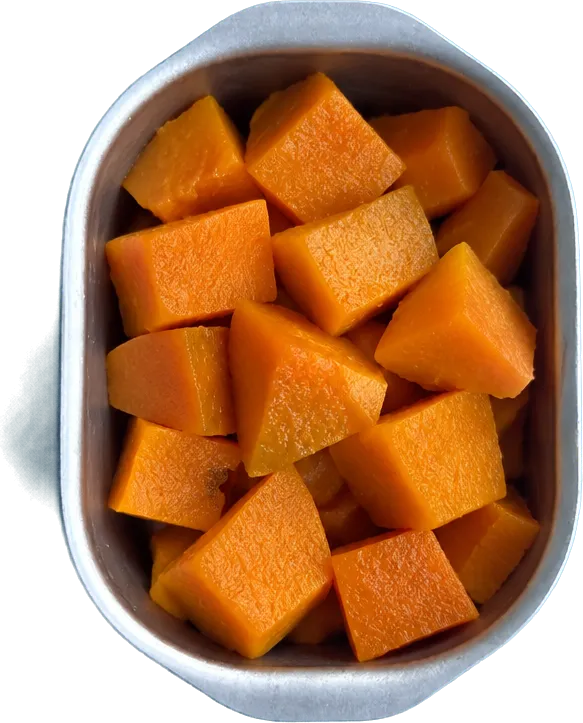 Nel terzo contenitore mettete 150 g di zucche a dadini grandi.