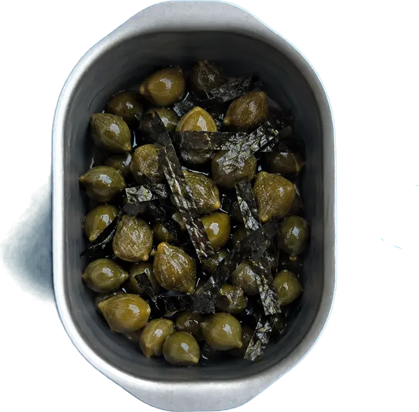 Nel terzo contenitore mettete 30 g di capperi sotto sale dissalati interi e 2 g di alghe nori a listarelle.