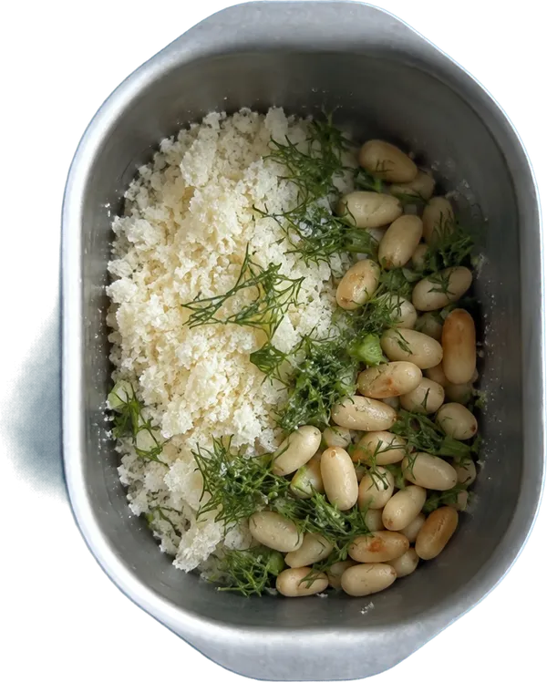 Nel settimo contenitore mettete 30 g di pecorino romano grattugiato, 25 g di pinoli intero e 4 ciuffetti di finocchietto fresco tritato.