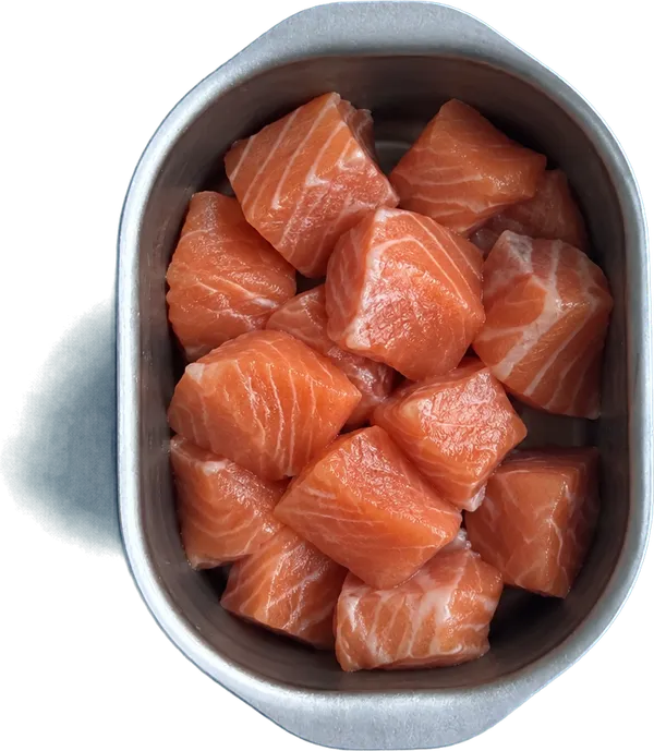 Nel quarto contenitore mettete 300 g di salmone fresco a trancetti.