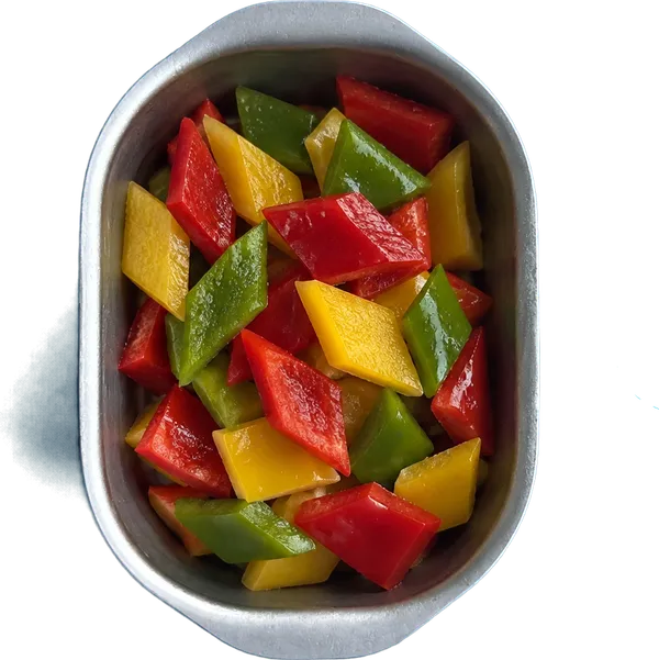 Nel terzo contenitore mettete 200 g di peperoni a losanghe.