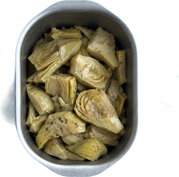 Nel terzo contenitore mettete 200 g di carciofi decongelati affettati.