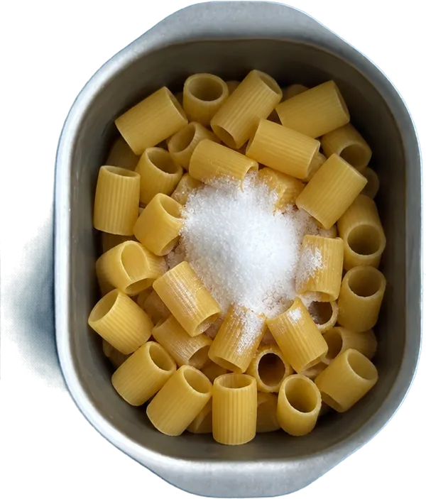 Nel terzo contenitore mettete 100 g di mezze maniche rigate e 1 cucchiaio Liffo di sale fino.